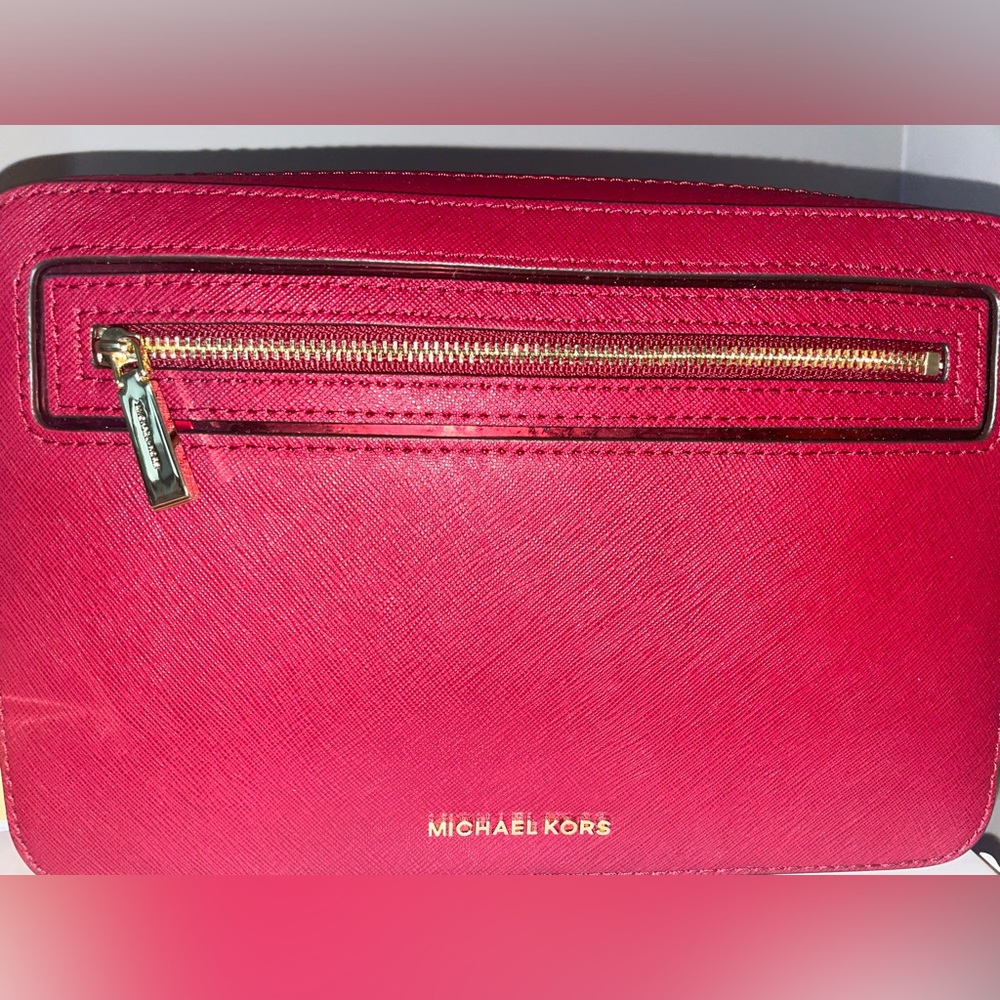 Michael Kors LG Frame Out Item Cherry Red Cross Grain Leather Crossbody Bag - Picture 8 of 16